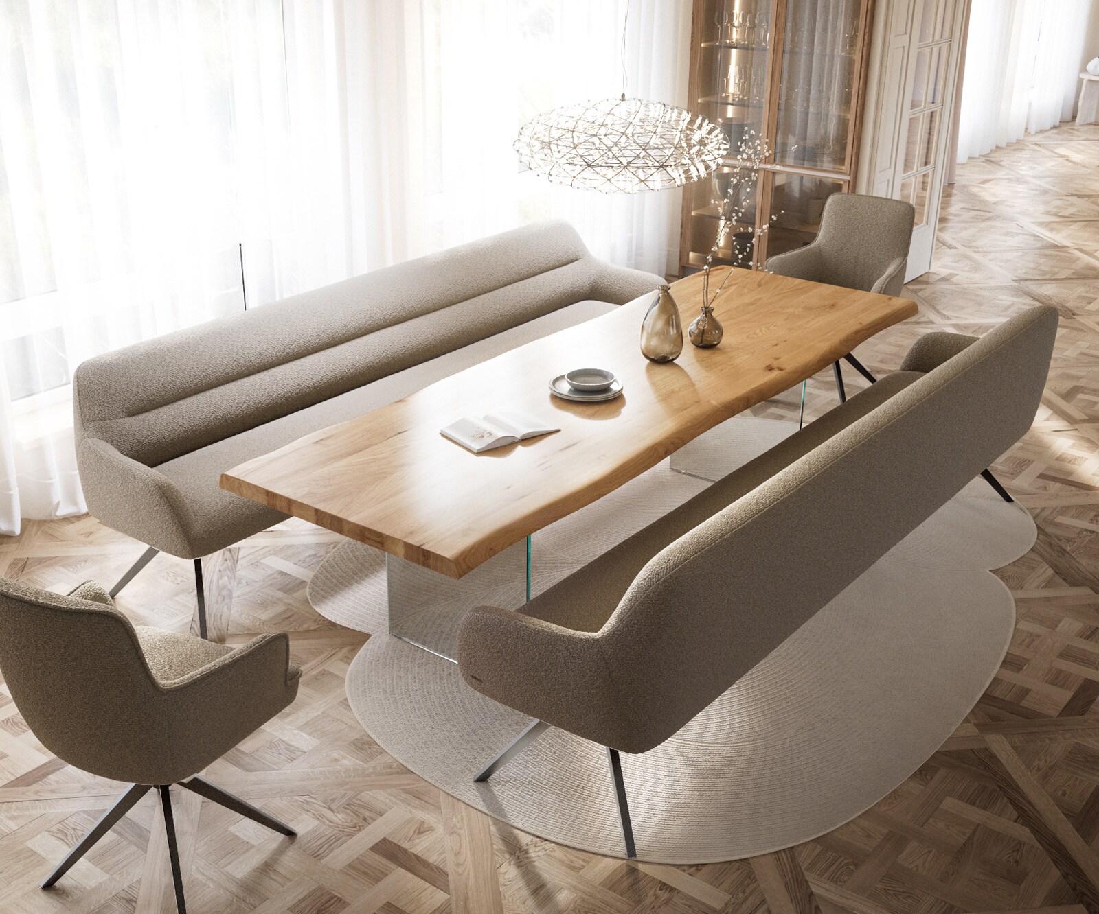 Esszimmerbank Taya-Flex 300 cm Bouclé Schlamm Kreuzgestell kantig Graphit Taschenfederkern 4