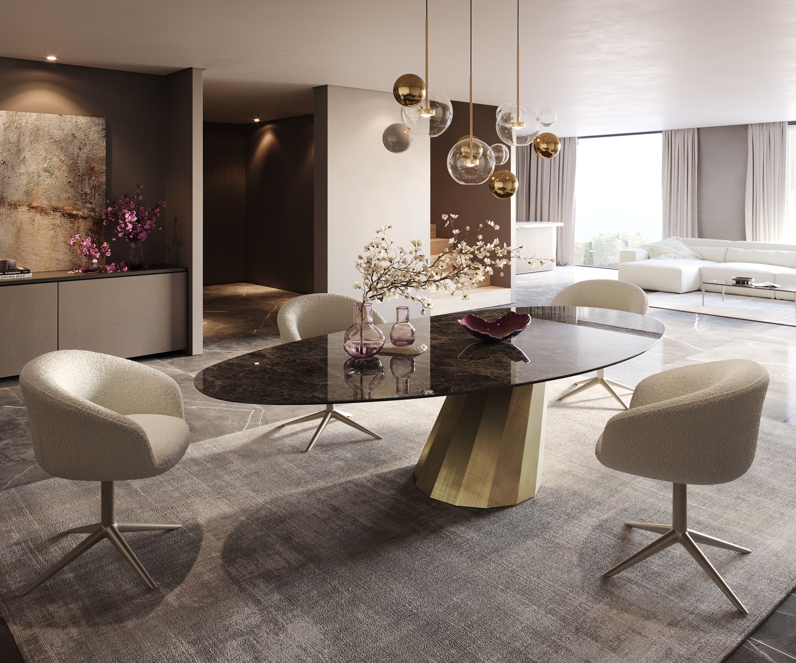 Esstisch Edge Oval 280x130 Keramik Laminam® Emperador Extra Lucidato Dunkelbraun Parabel Metallic Gold 7