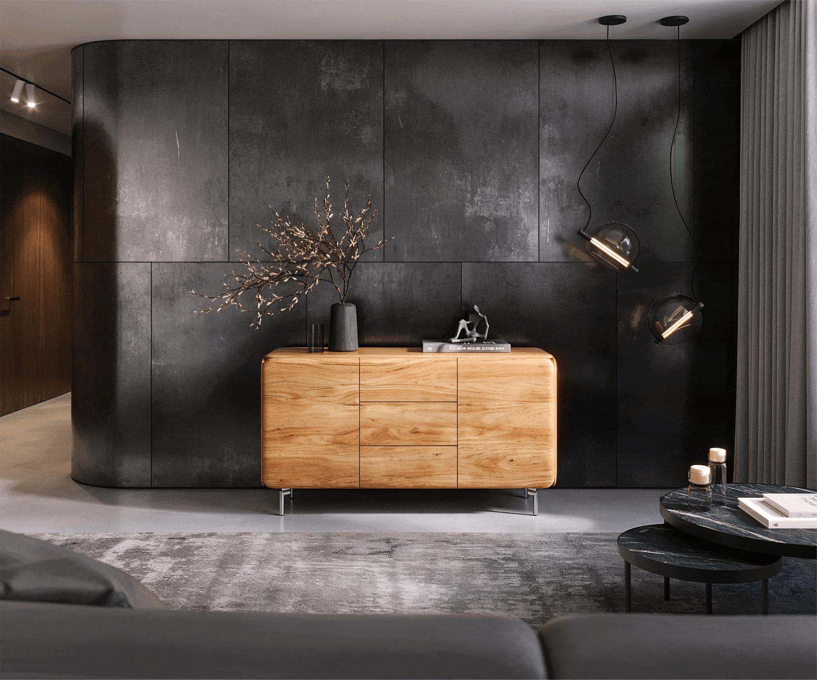 Sideboard Shavani 145 cm Akazie Natur 2 Türen 3 Schubladen Fuß Oval Edelstahl 1