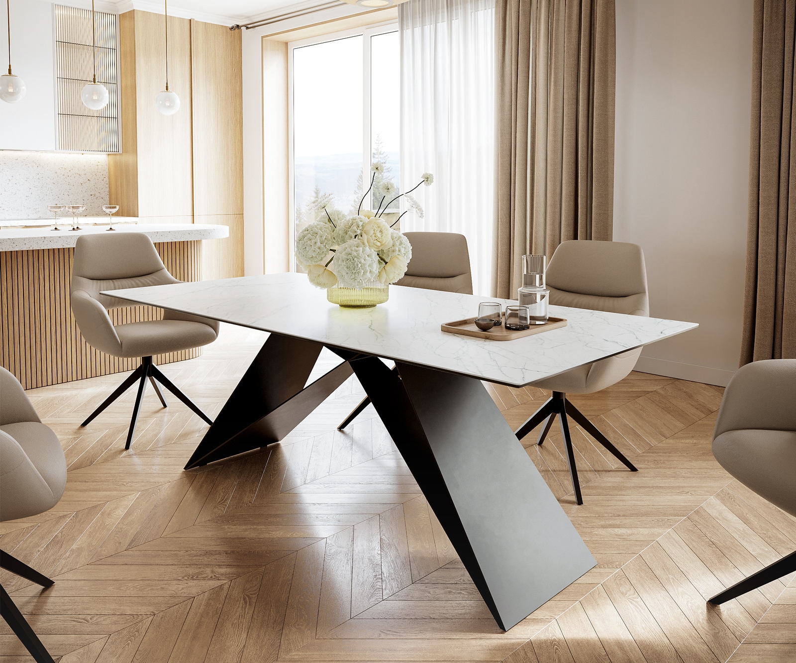 Delife Esstisch Edge 200x100cm Keramik Laminam®Statuarietto Weiß V-Mittelfuß Schwarz