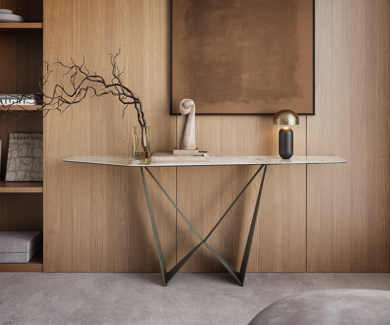 Konsolentisch Edge Polygonal 180x50 cm Keramik Minas Melange Weiß-Beige Spios Metall Effektfinish Titan 3