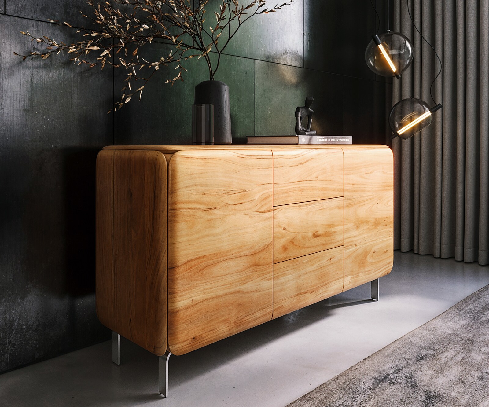 DELIFE Sideboard Shavani 145 cm Akazie Natur 2 Türen 3 Schubladen L-Fuß Edelstahl Silber, Sideboards
