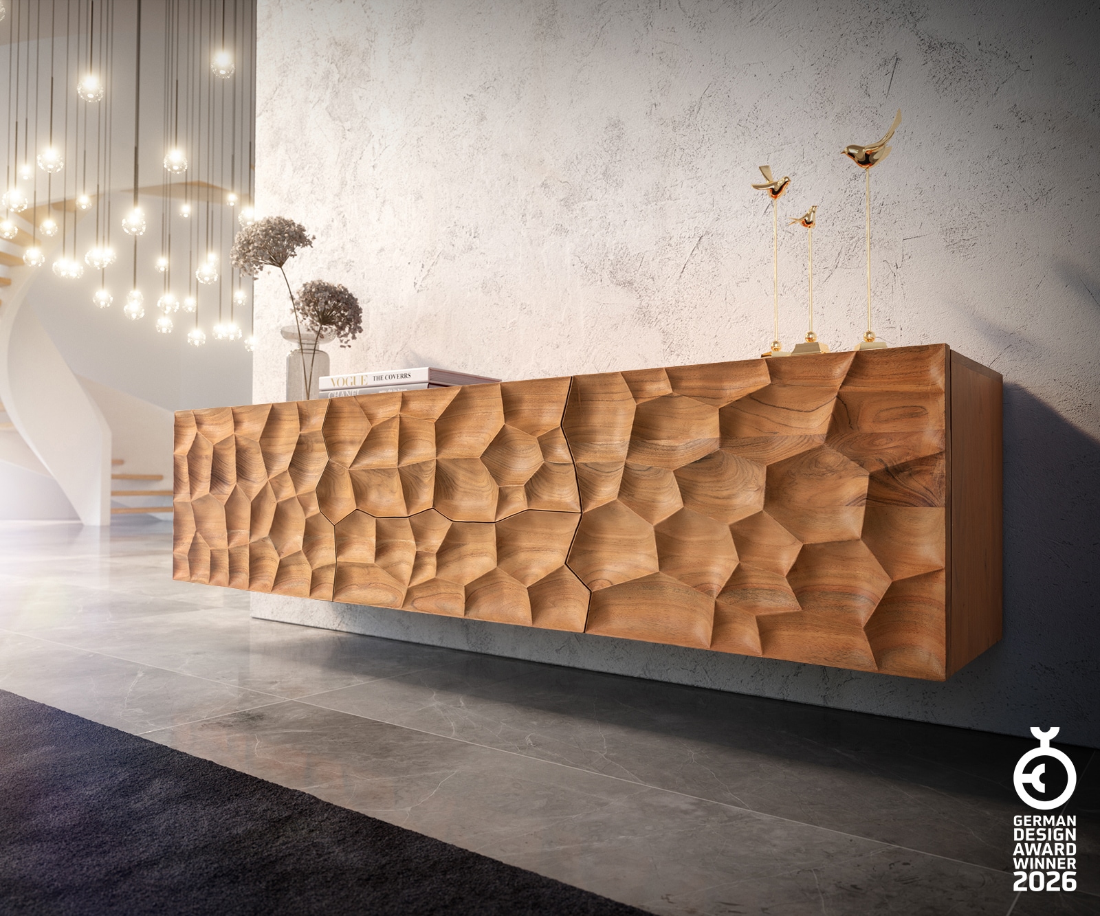 Lowboard Solu 175 cm Akazie Natur 2 Türen 2 Schübe schwebend 3D-Front