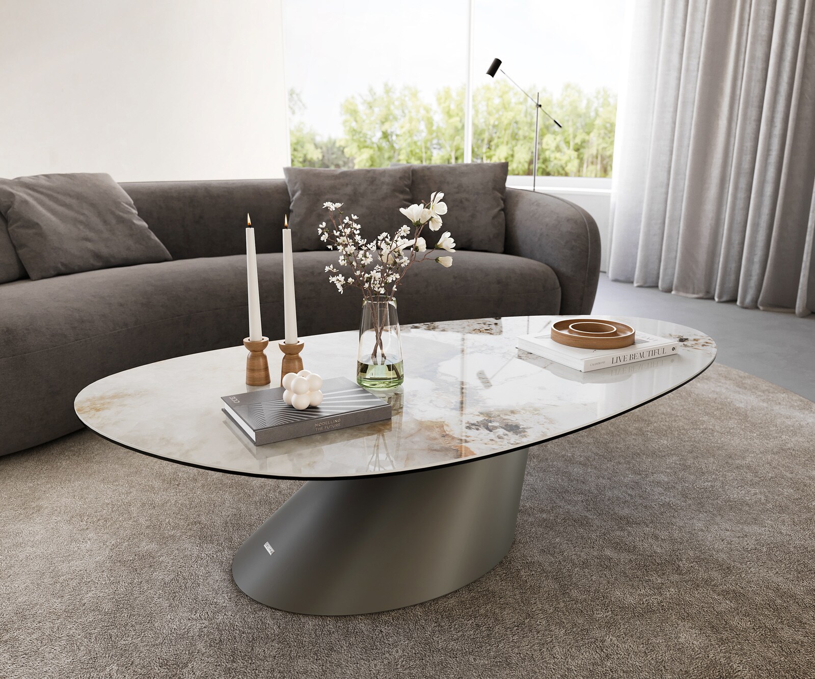 Couchtisch Edge Oval 140x75 cm Keramik Minas Melange Conis Metall Effektfin günstig online kaufen