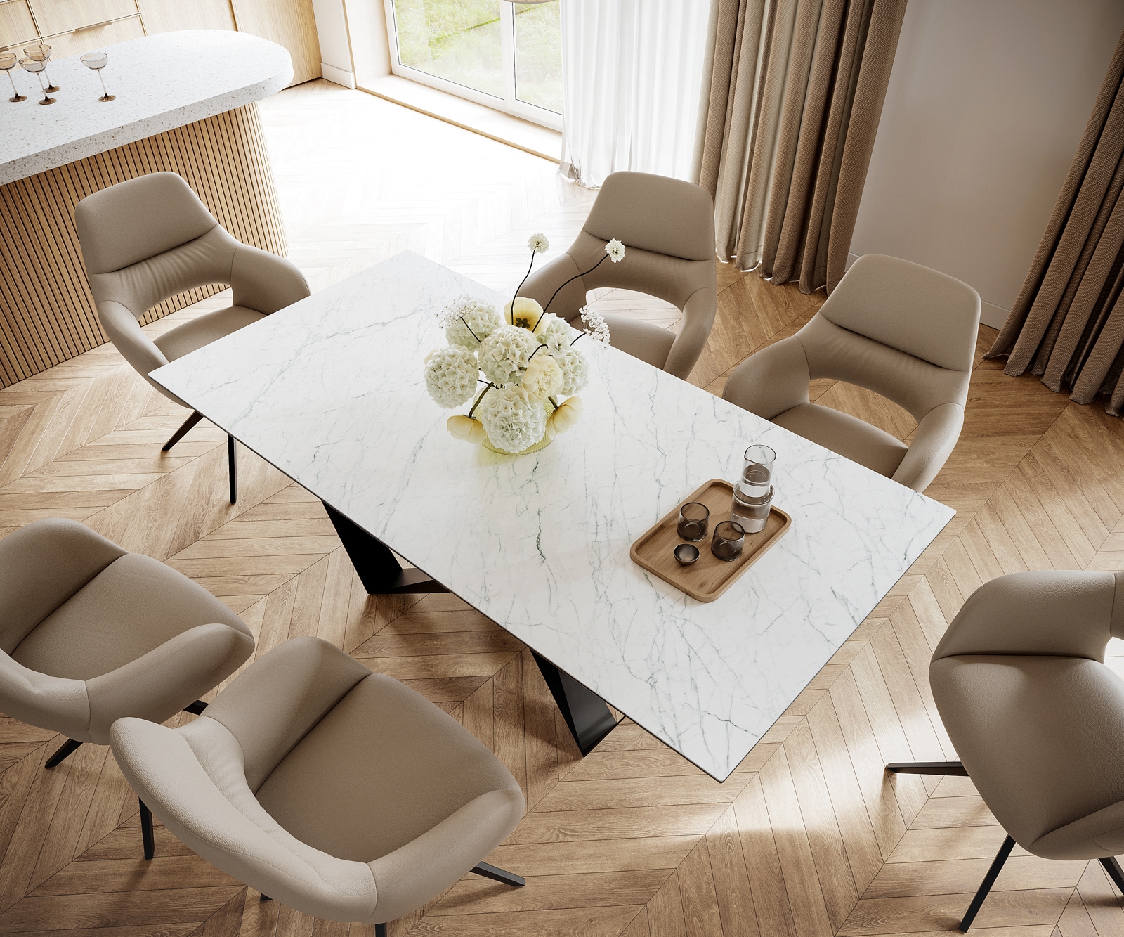 Esstisch Edge 200x100cm Keramik Laminam®Statuarietto Weiß Mittelfuß Flachstahl Schwarz 3