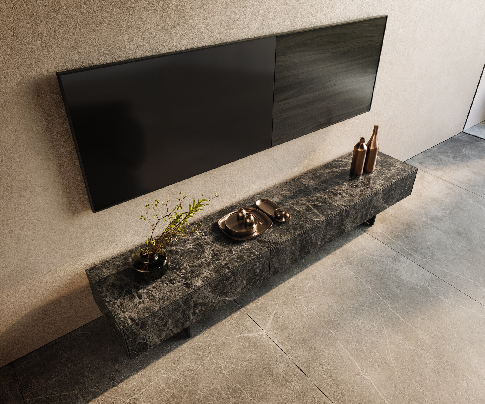 Lowboard Cuor 200 cm Keramik Laminam® Emperador Extra Lucidato Dunkelbraun 1 Klappe 1 Schubfach Fuß Schwebeoptik Metall Schwarz 3