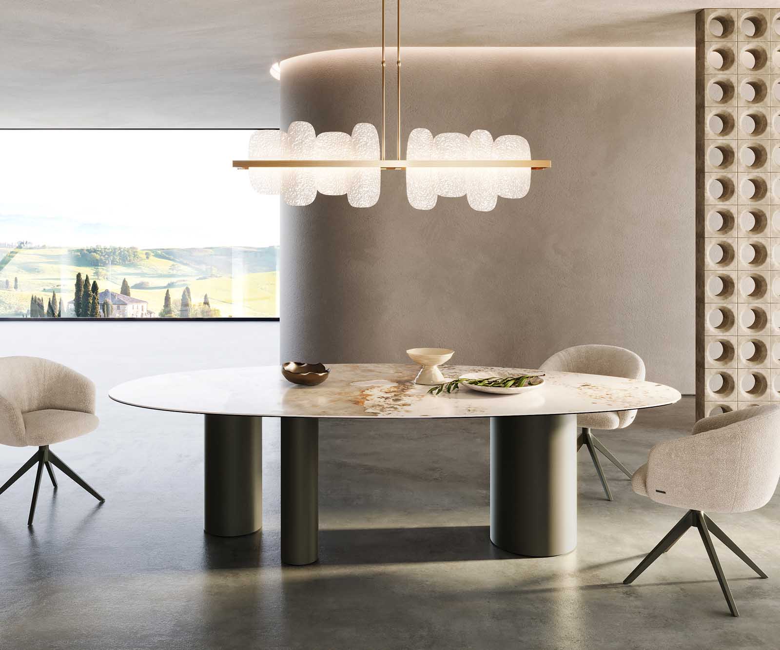 Esstisch Edge Oval 280x130 Keramik Minas Melange Weiß-Beige Troa Metall Effektfinish Titan 1