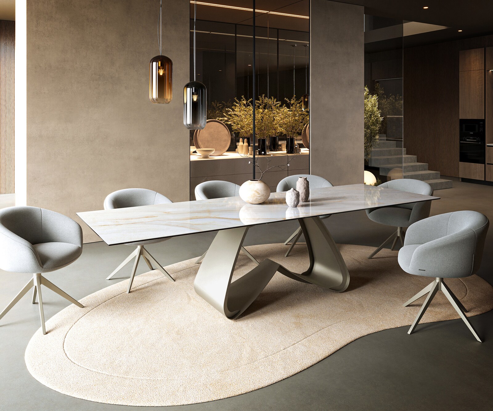 Esstisch Edge 300x100 cm Keramik Onyx Pearl W-Gestell Metall Effektfinish Titan 6