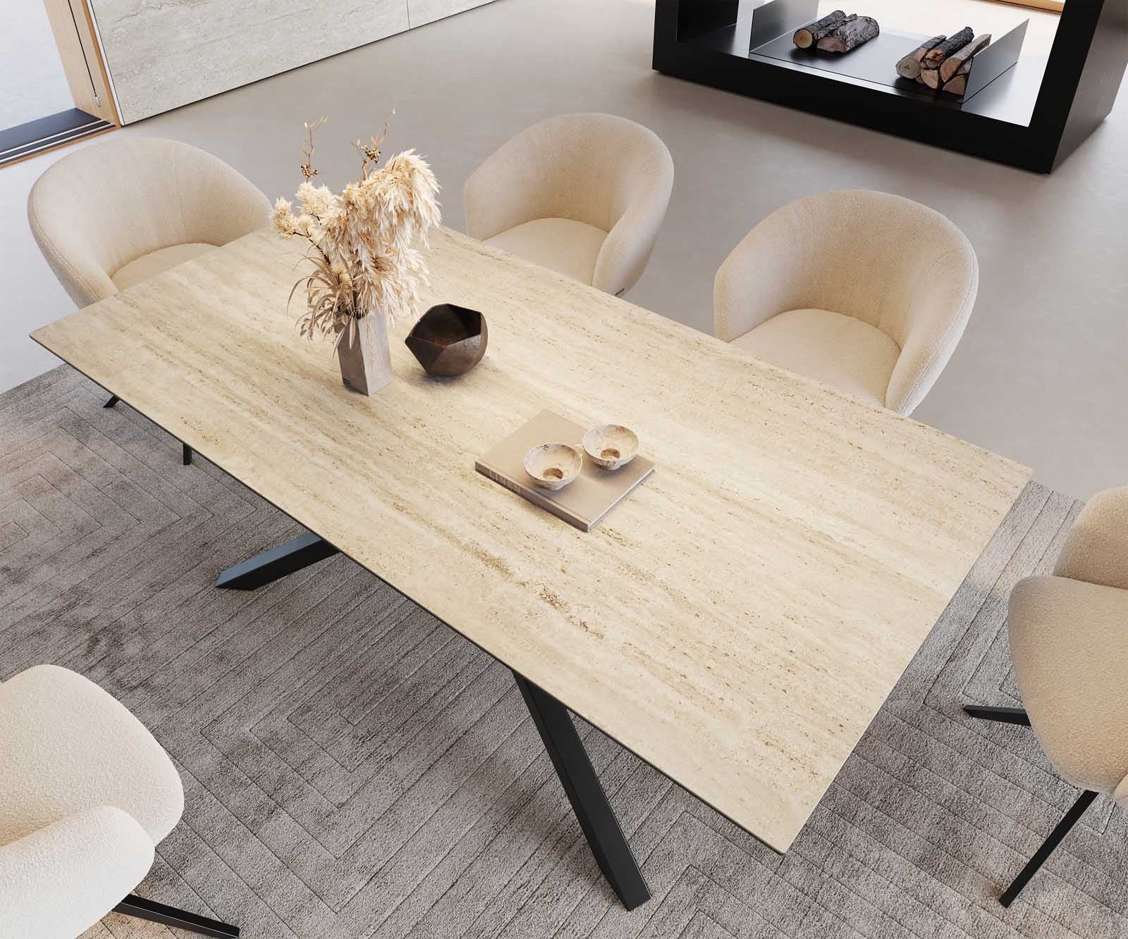 Esstisch Edge 200x100 Keramik Travertin Natur Kreuzgestell Rechteck Schwarz 5