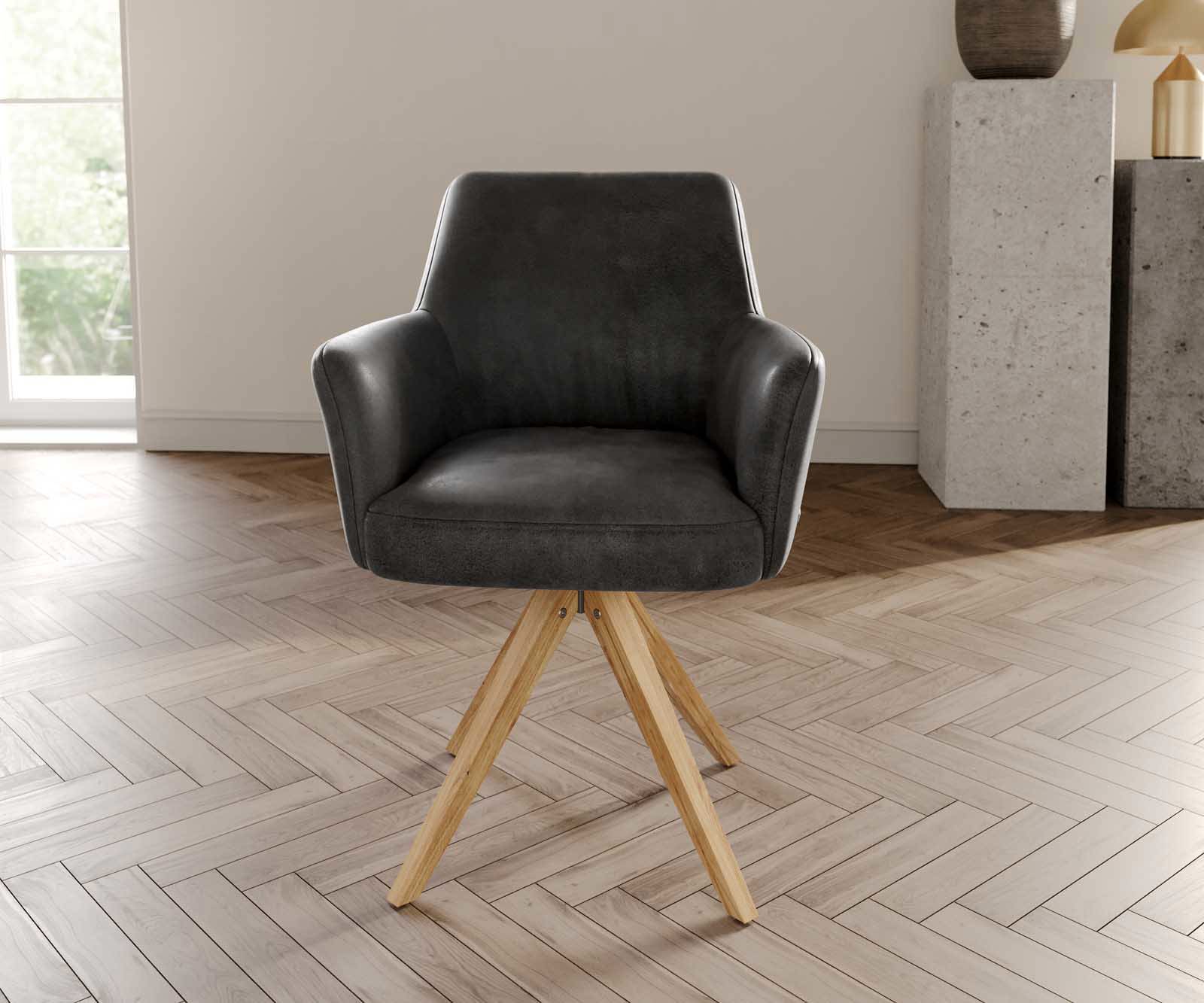 Drehstuhl Xana-Flex mit Armlehnen Mikrofaser Anthrazit Vintage Holzgestell kantig Natur 180° drehbar Taschenfederkern 1