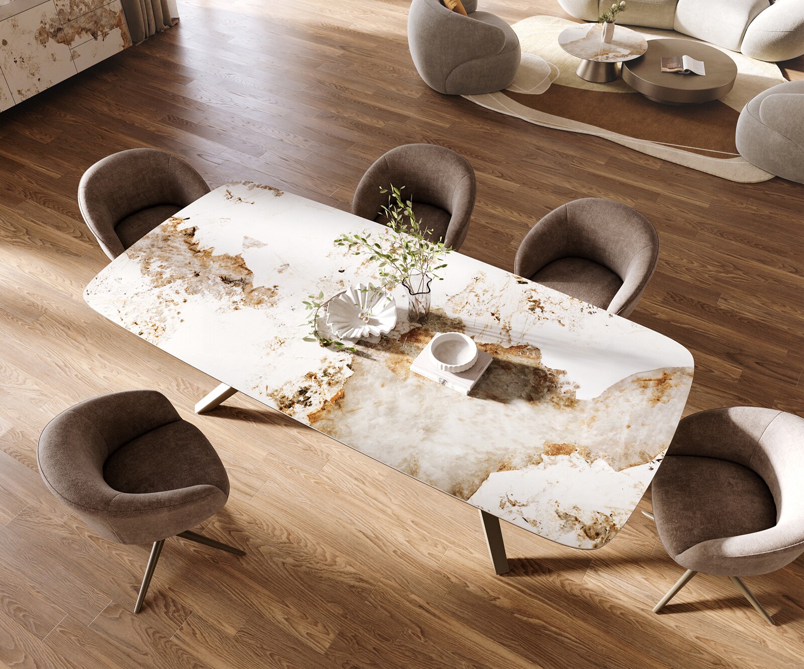 Esstisch Edge Boot 260x120 cm Keramik Minas Melange Weiß-Beige Zenthara kantig Metall Effektfinish Titan 4