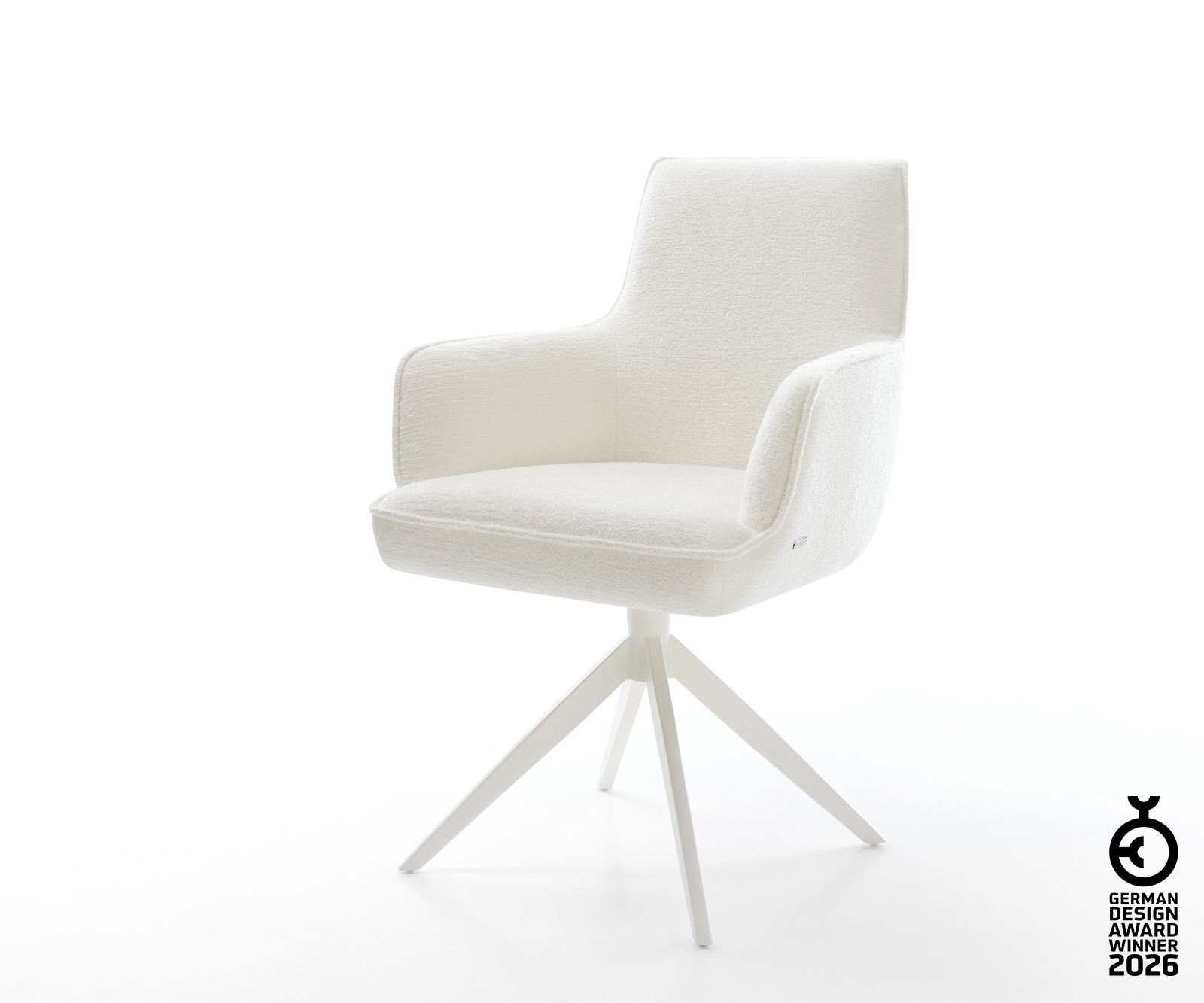 Drehstuhl Heira-Flex mit Armlehnen Bouclé Soft Beige Kreuzgestell breit Weiß 360° drehbar Wippfunktion Taschenfederkern