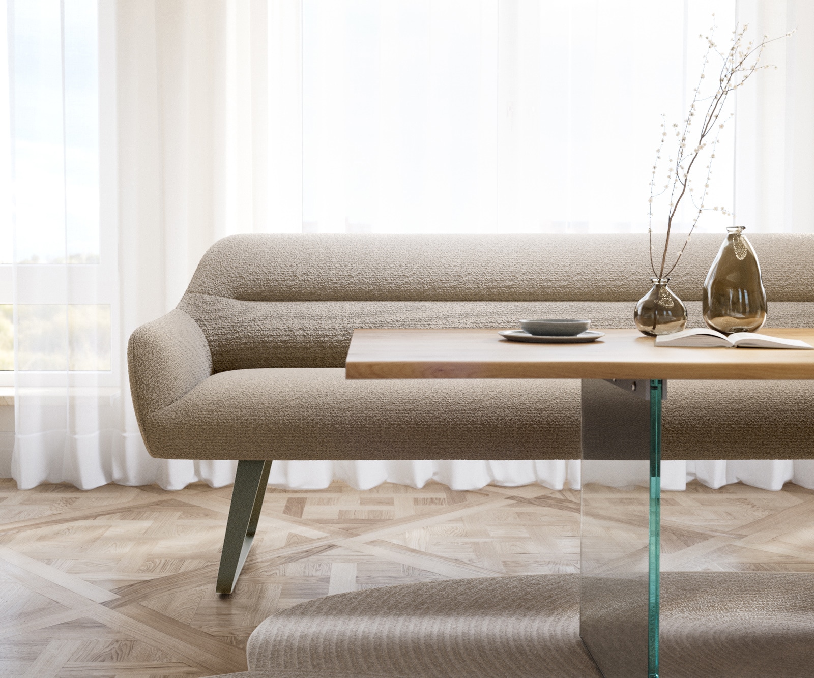 Esszimmerbank Taya-Flex 200 cm Bouclé Schlamm Kufengestell flach Effektfinish Titan Taschenfederkern 2