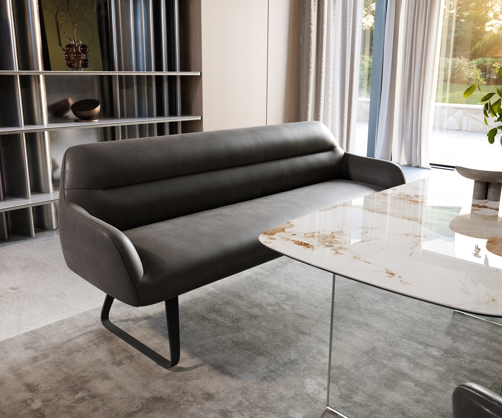 Esszimmerbank Taya-Flex 200 cm Mikrofaser Anthrazit Vintage Kufengestell flach Schwarz Taschenfederkern 1