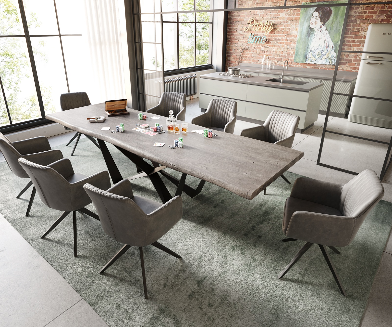 Esstisch Edge 300x100 XL Akazie Platin Spider Flachstahl Schwarz Live-Edge 4 Esstisch Edge 300x100 XL Akazie Platin Spider Flachstahl Schwarz Live-Edge 4