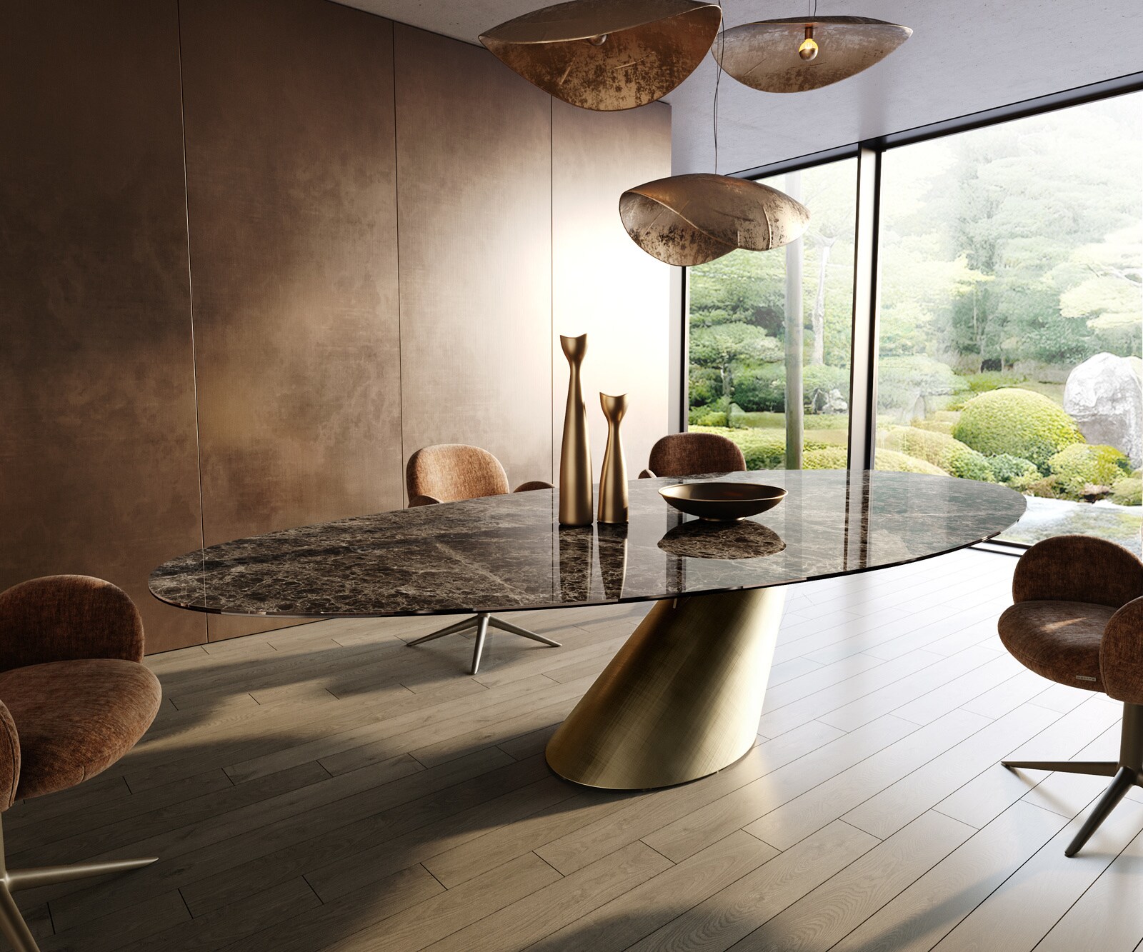 Esstisch Edge Oval 315x150 cm Keramik Emperador Extra Lucidato Dunkelbraun Cono Metallic Gold