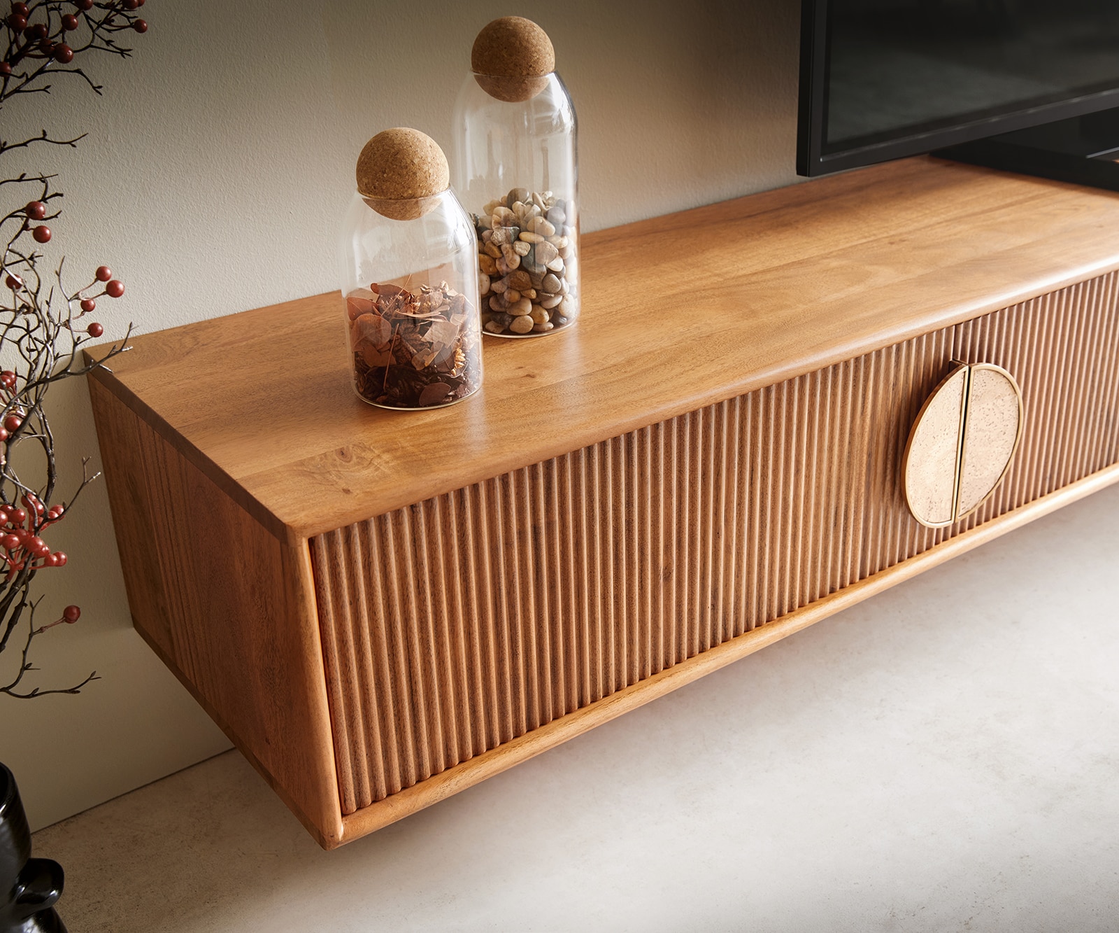 Lowboard Surimu 240 cm Akazie Hellbraun 4 Türen Kork-Griff schwebend 6 Lowboard Surimu 240 cm Akazie Hellbraun 4 Türen Kork-Griff schwebend 6