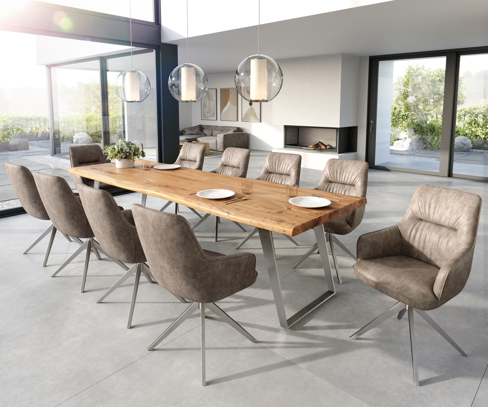 Esszimmerstuhl Zelia-Flex mit Armlehnen Mikrofaser Taupe Vintage Kreuzgestell breit Edelstahl Taschenfederkern 3 Esszimmerstuhl Zelia-Flex mit Armlehnen Mikrofaser Taupe Vintage Kreuzgestell breit Edelstahl Taschenfederkern 3