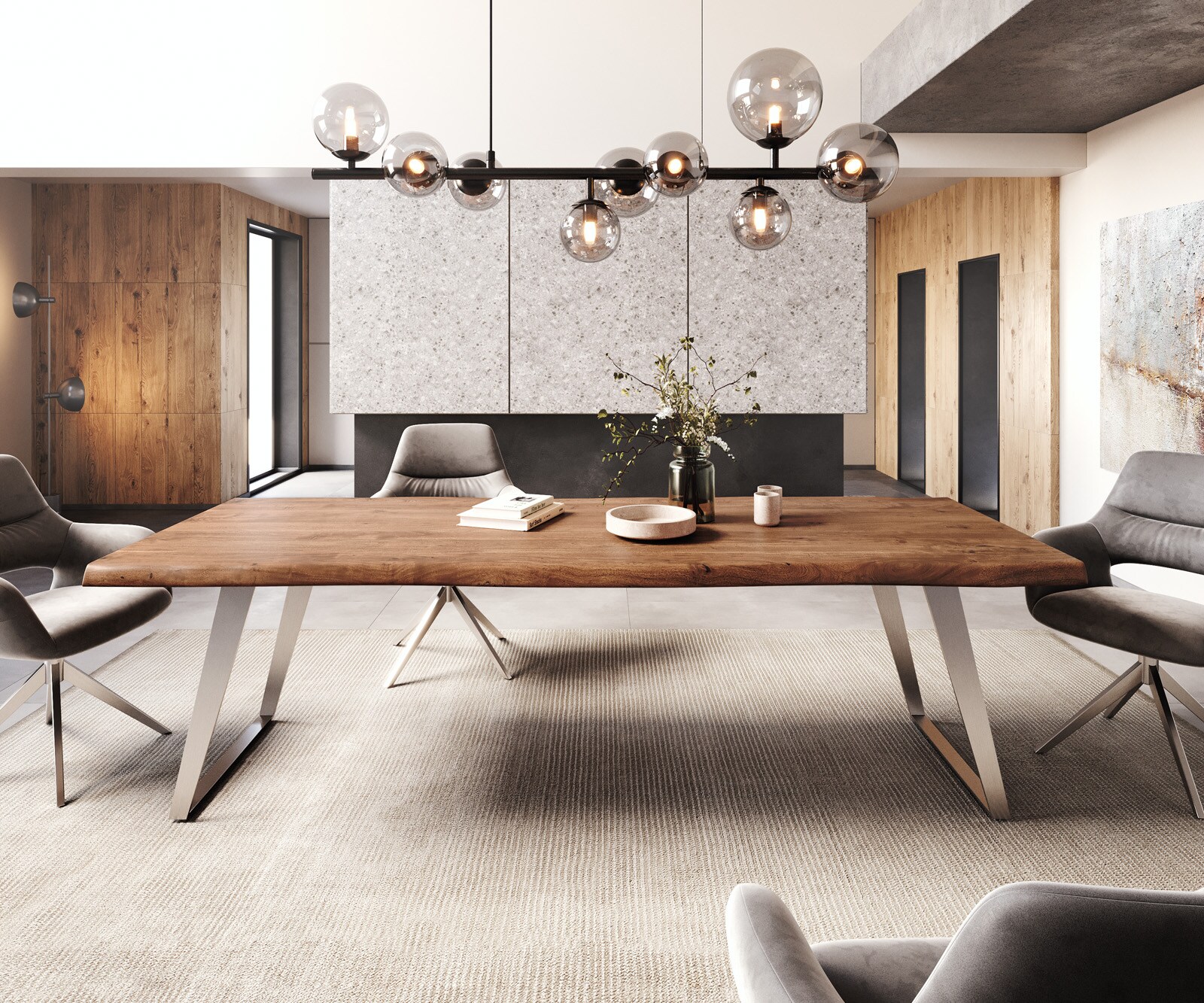 Esstisch Edge 260x100cm XL Akazie Braun Edelstahl Silber schräg Live-Edge 1