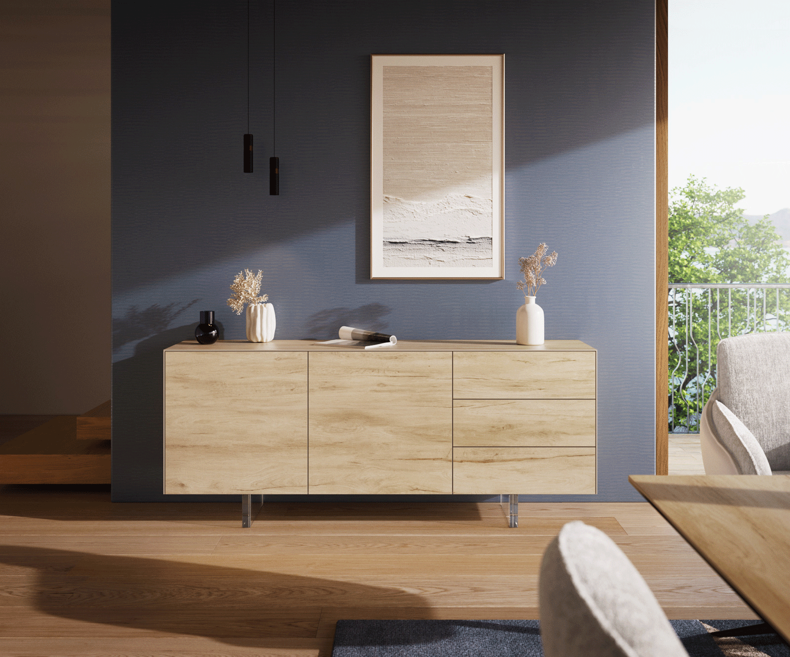 Sideboard Cuor 180 cm Keramik Laminam® Sabbia Eichefarbig 2 Türen 3 Schubfächer Fuß Schwebeoptik Acrylglas 2
