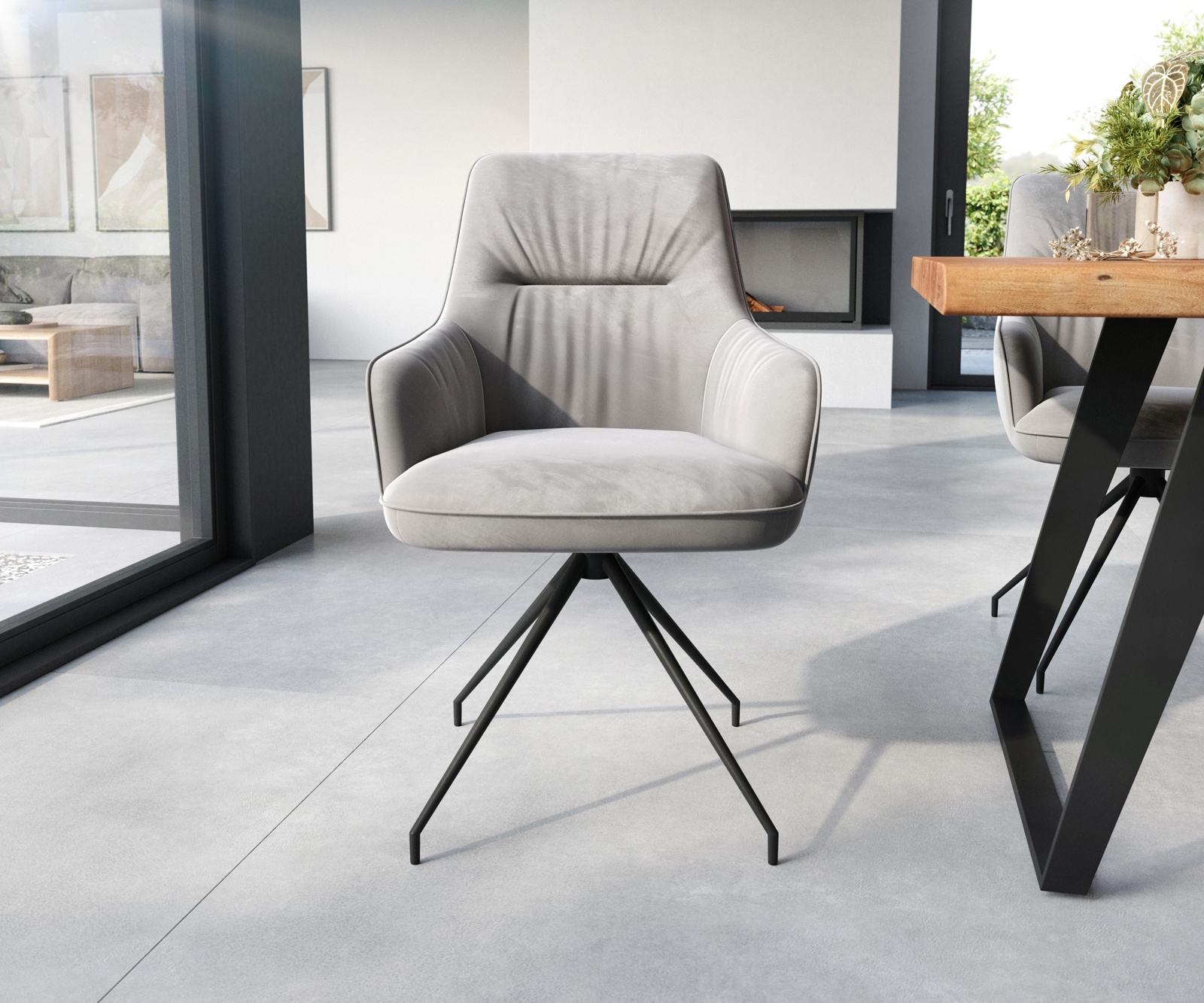 Esszimmerstuhl Zelia-Flex mit Armlehnen Samt Grau Kreuzgestell konisch Schwarz Taschenfederkern 1 Esszimmerstuhl Zelia-Flex mit Armlehnen Samt Grau Kreuzgestell konisch Schwarz Taschenfederkern 1