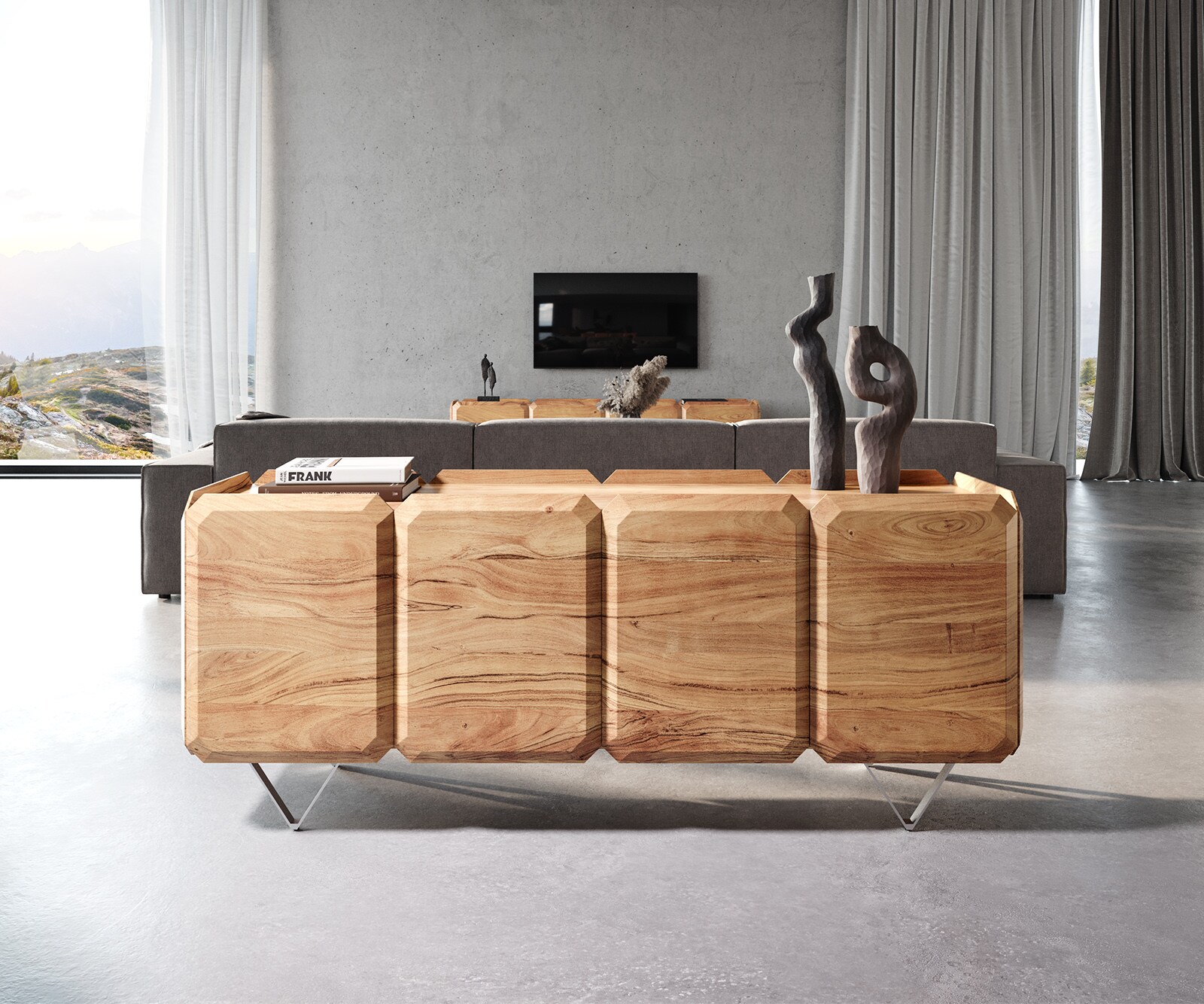 Sideboard Kiano 175 cm Akazie Natur 4 Türen V-Fuß Edelstahl Raumteiler 1