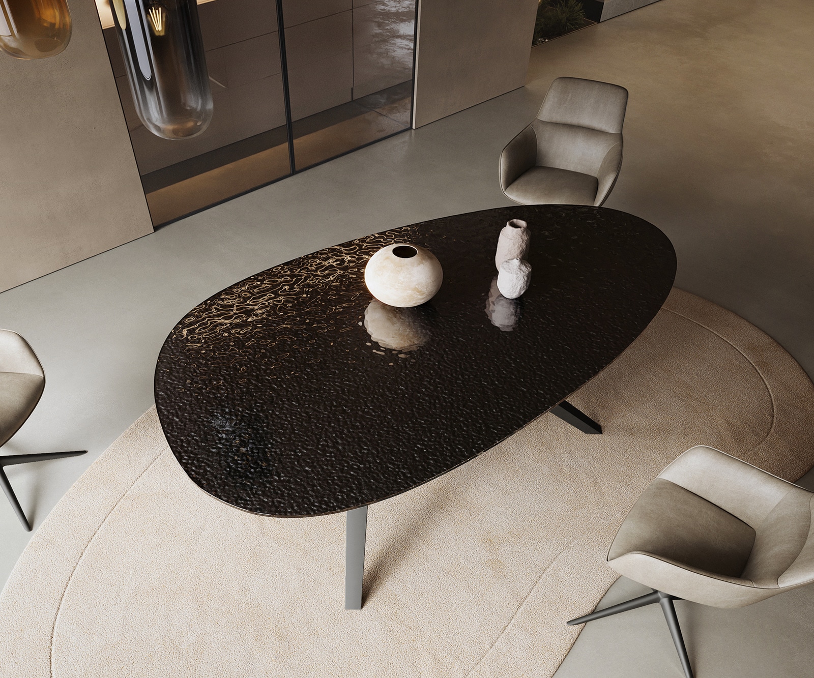 Esstisch Edge Oval 220x120 Reliefglas Rauchschwarz 3D-Design Zenthara kantig Metall Schwarz 4