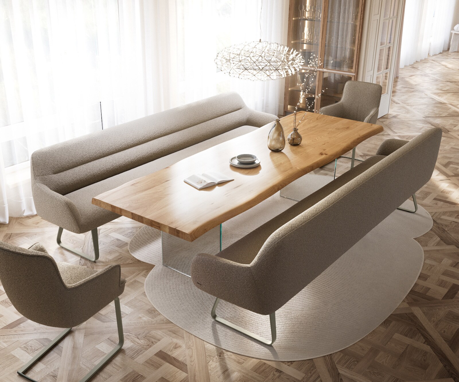 Esszimmerbank Taya-Flex 300 cm Bouclé Schlamm Kufengestell flach Effektfinish Titan Taschenfederkern 3