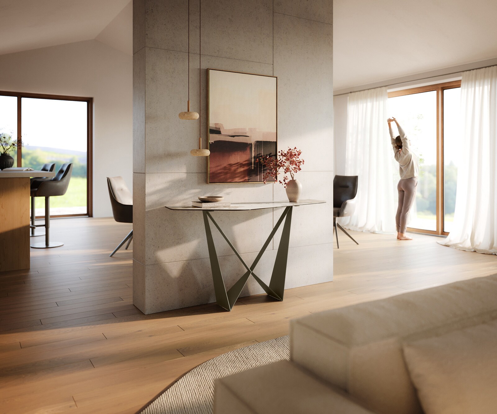 Konsolentisch Edge Polygonal 140x50 cm Keramik Minas Melange Weiß-Beige Spios Metall Effektfinish Titan 6