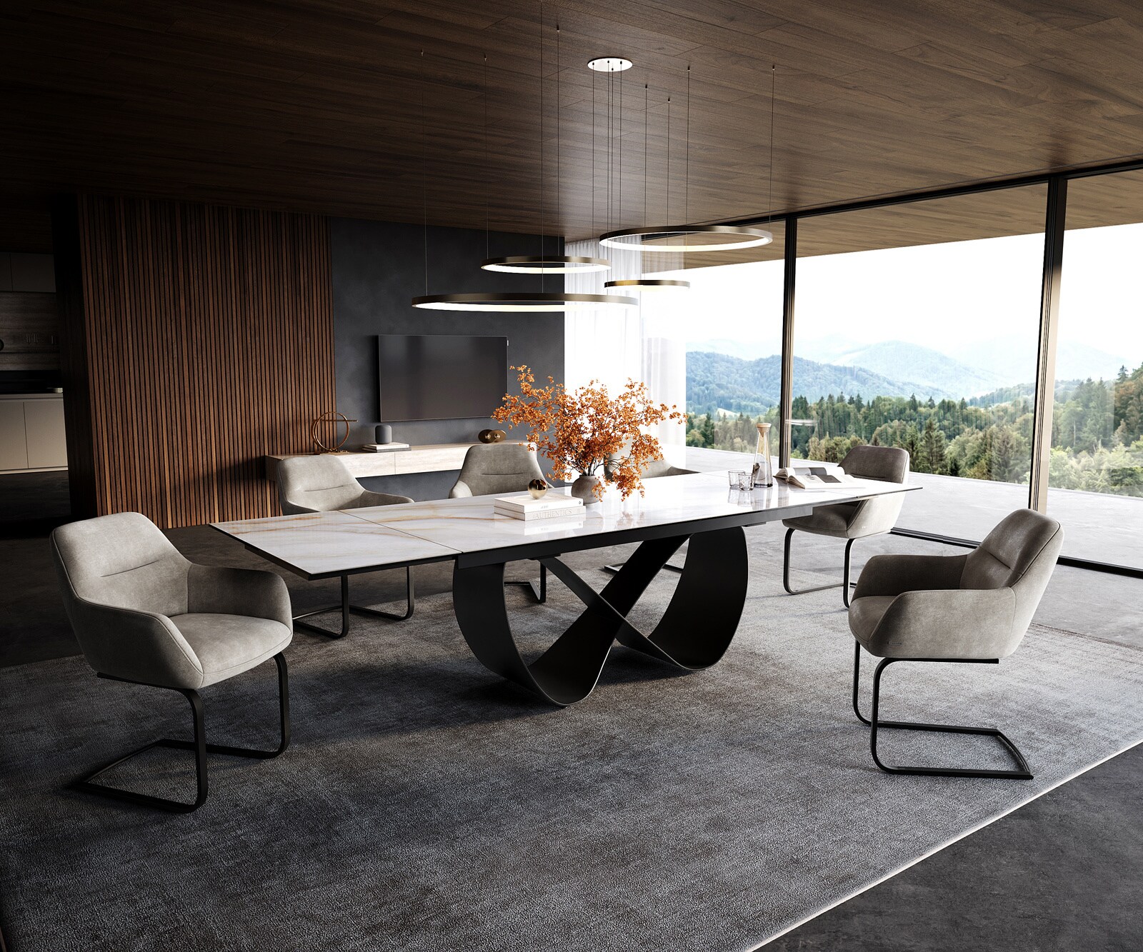 Esstisch Edge 200-300x100 cm Keramik Onyx Pearl Infinity Metall Schwarz ausziehbar 5