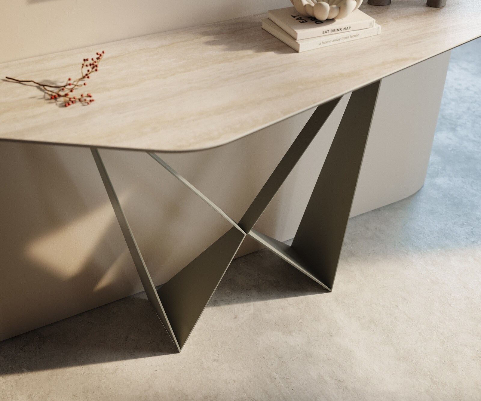 Konsolentisch Edge Polygonal 140x50 cm Keramik Laminam® Travertino Bianco Creme-Weiß Spios Metall Effektfinish Titan 5
