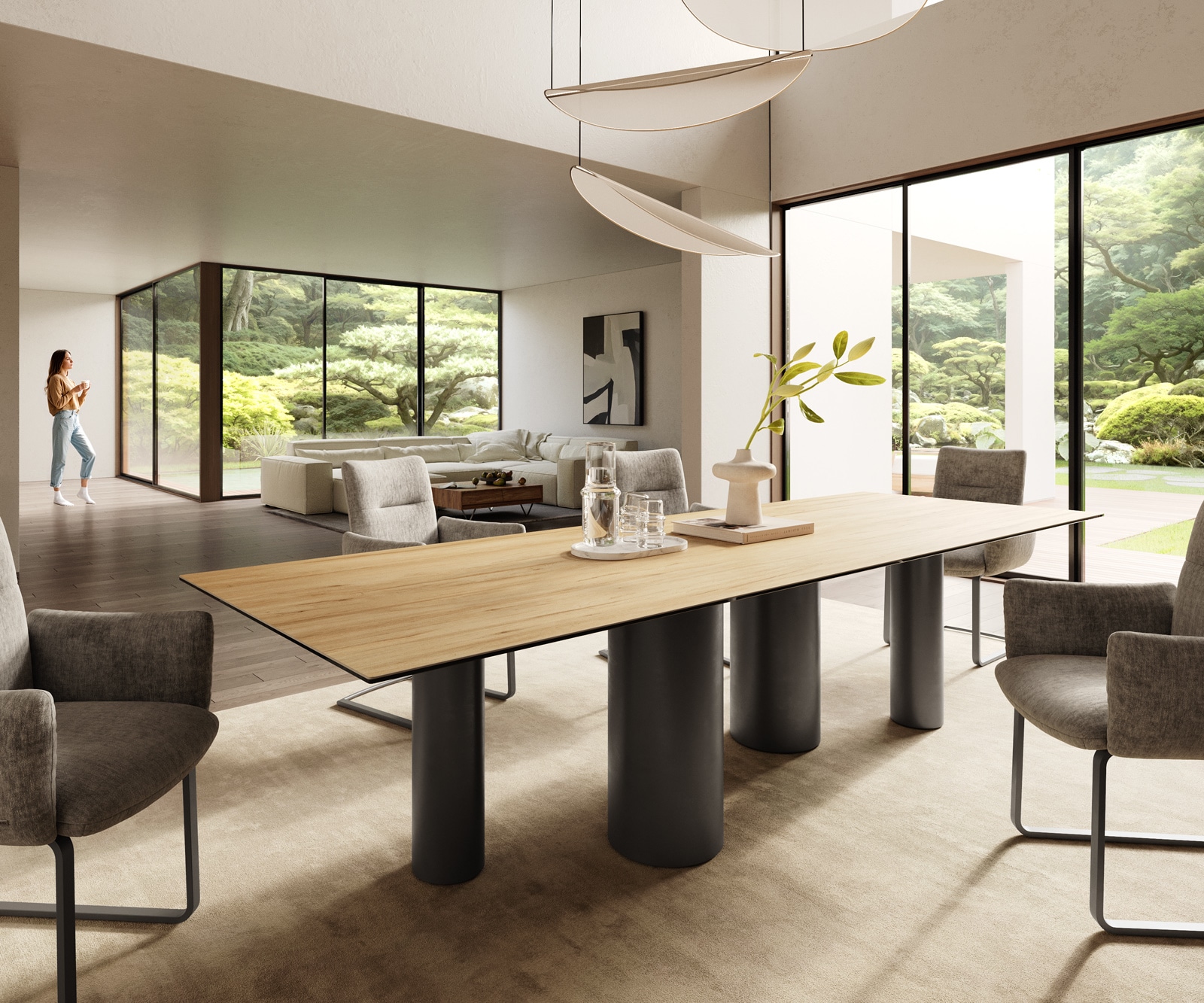 Esstisch Edge 300x100 Keramik Laminam® Sabbia Eichefarbig Pilier Metall Effektfinish Titan