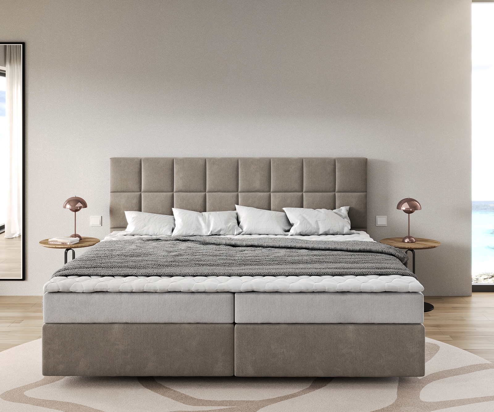 Boxspringbett Dream-Fine Mikrofaser Beige 200x200 cm Bonell-Matratze PU-Topper 2