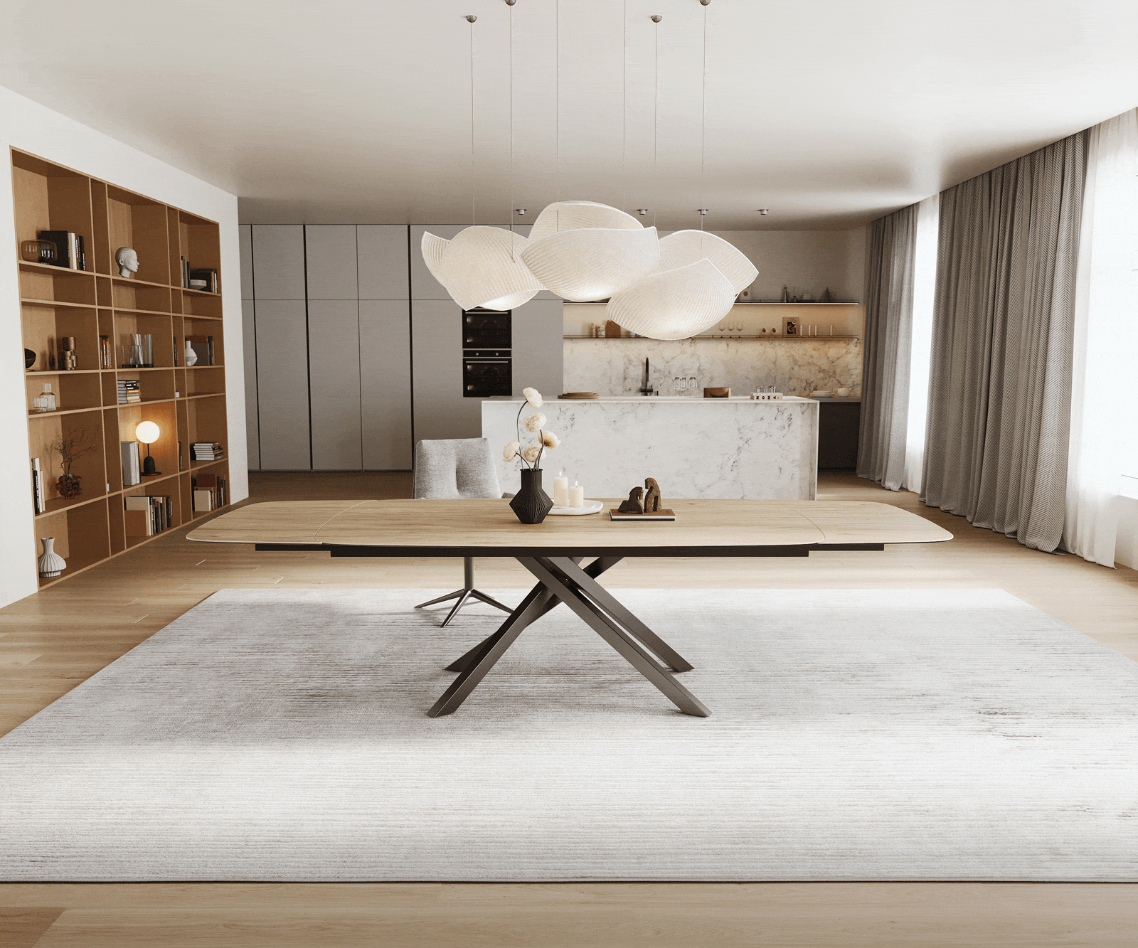 Esstisch Edge Boot 200-300x120 cm Keramik Laminam® Sabbia Eichefarbig Kreuzgestell Rechteck Edelstahl Graphit ausziehbar 2