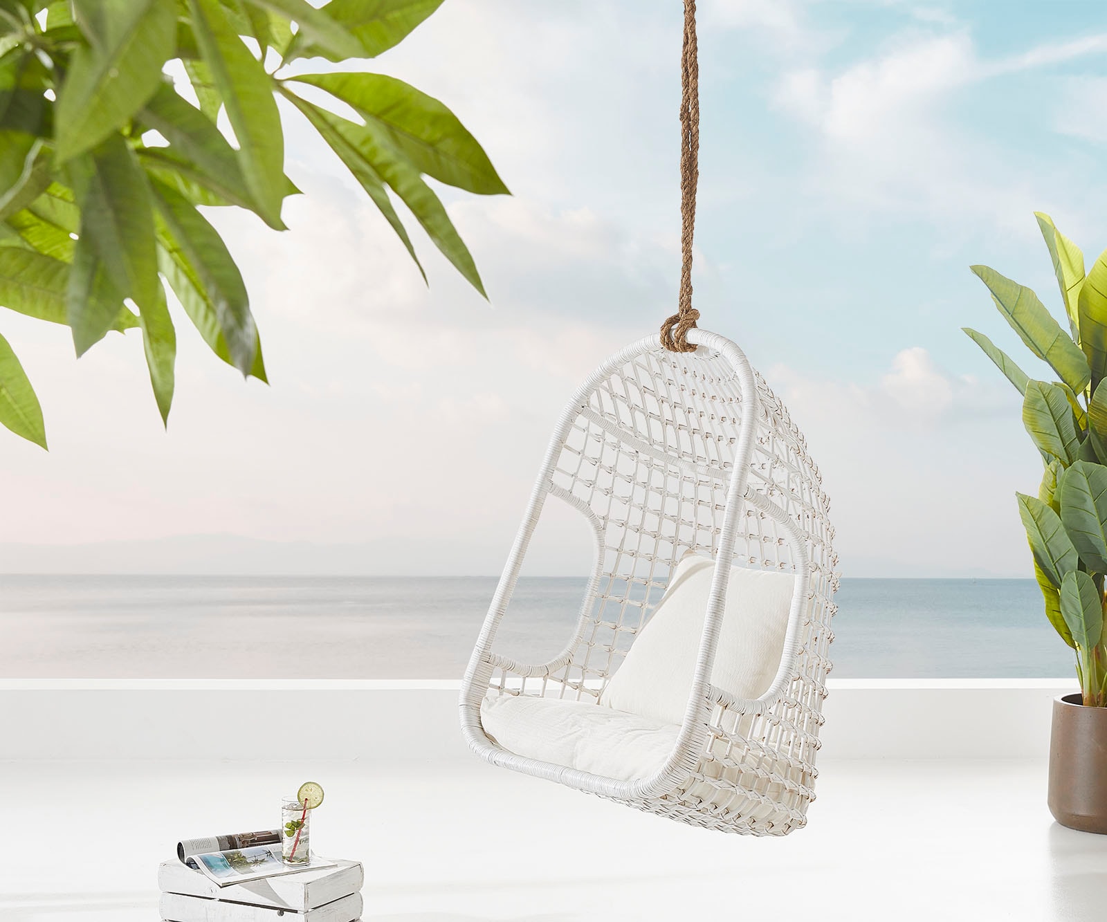Hängesessel Edessa mit Kissen Rattan weiß Hängesessel Edessa mit Kissen Rattan weiß
