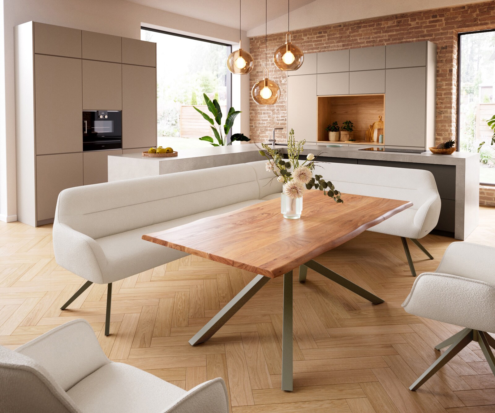 Esszimmerbank Taya-Flex 285x190 cm Bouclé Creme-Weiß Kreuzgestell kantig Effektfinish Titan Taschenfederkern Links