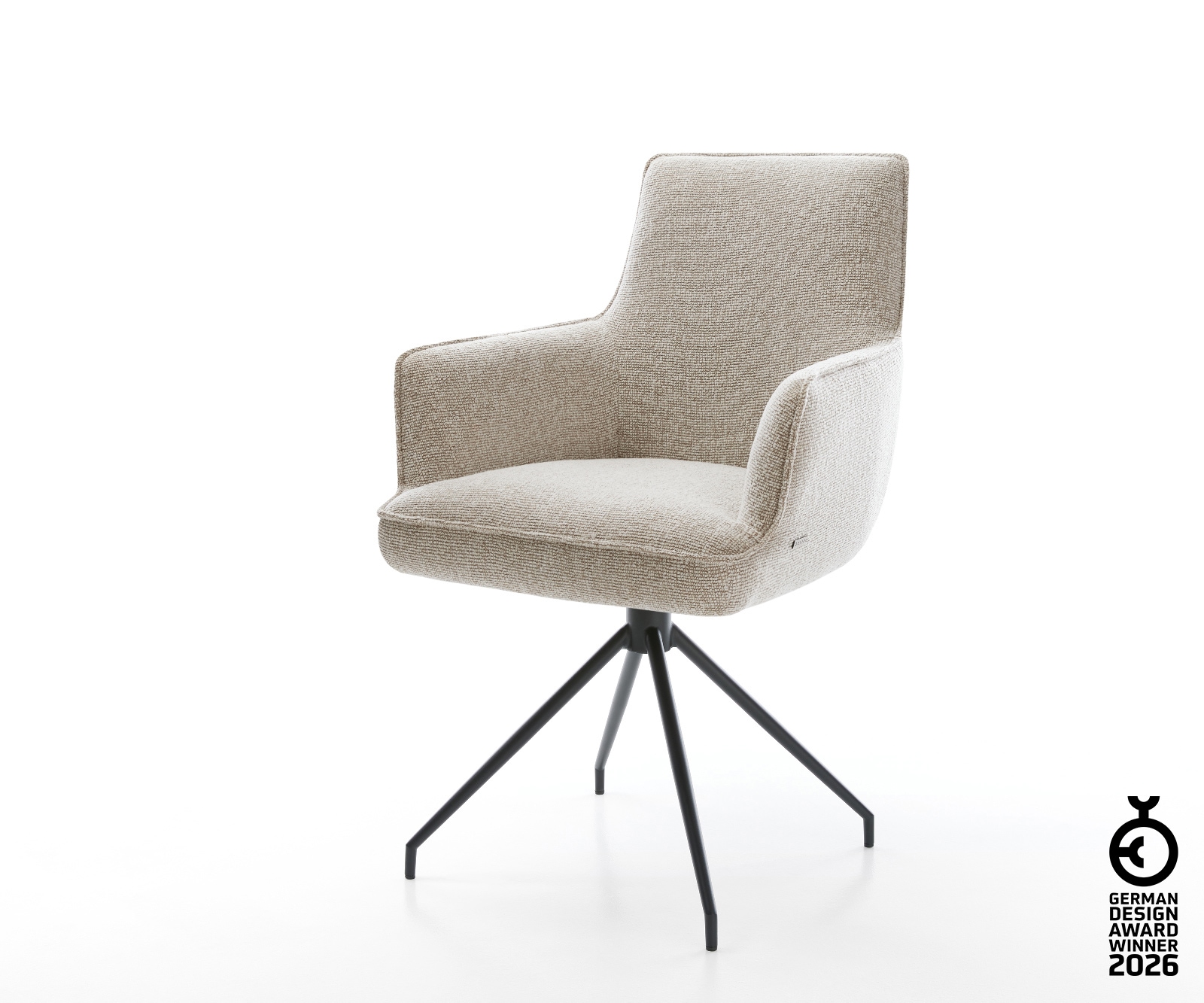 Esszimmerstuhl Heira-Flex mit Armlehnen Webstoff Soft Beige Kreuzgestell konisch Schwarz Taschenfederkern