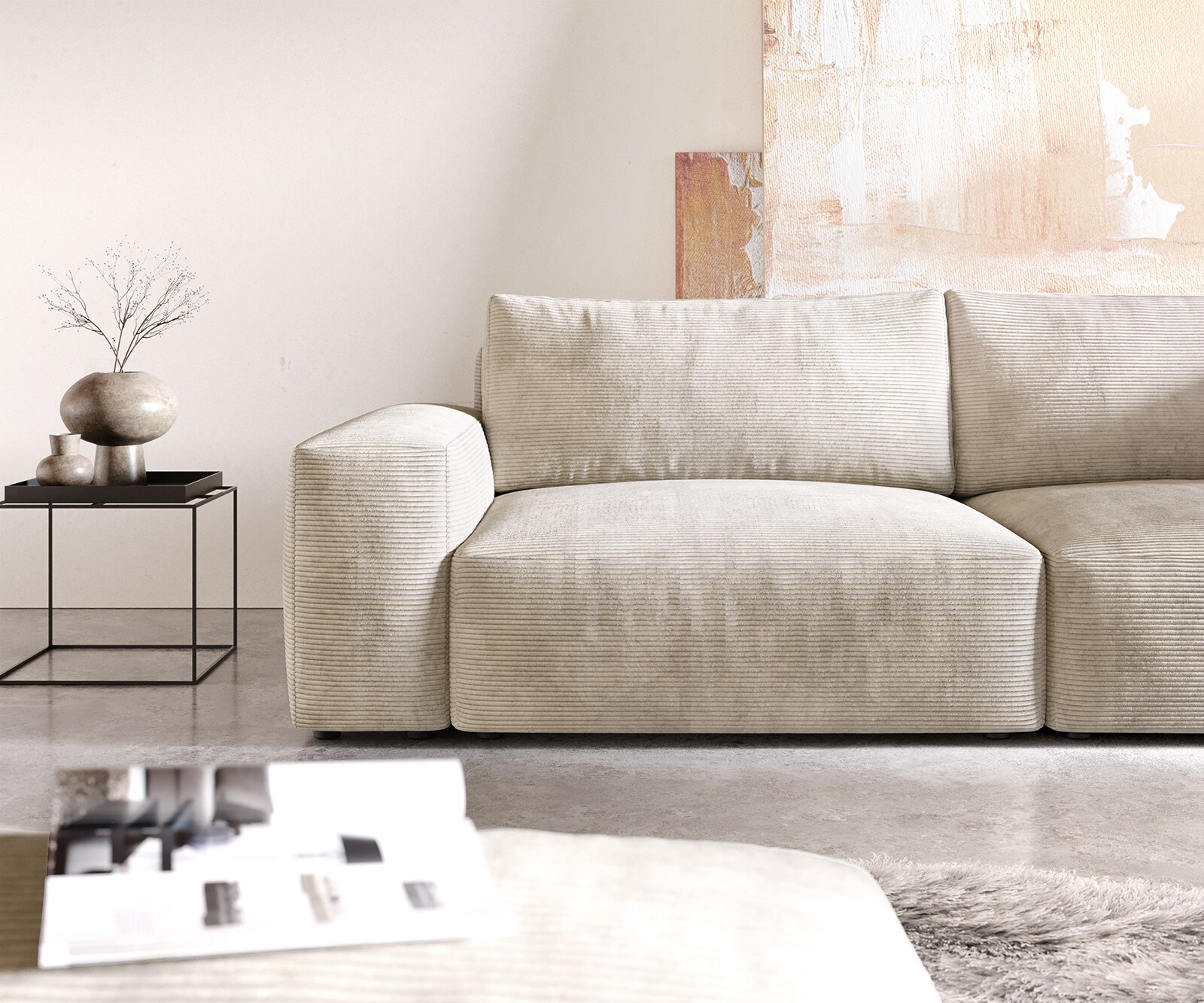Big-Sofa Lanzo XL 270x130 cm Cord Beige mit Hocker 4