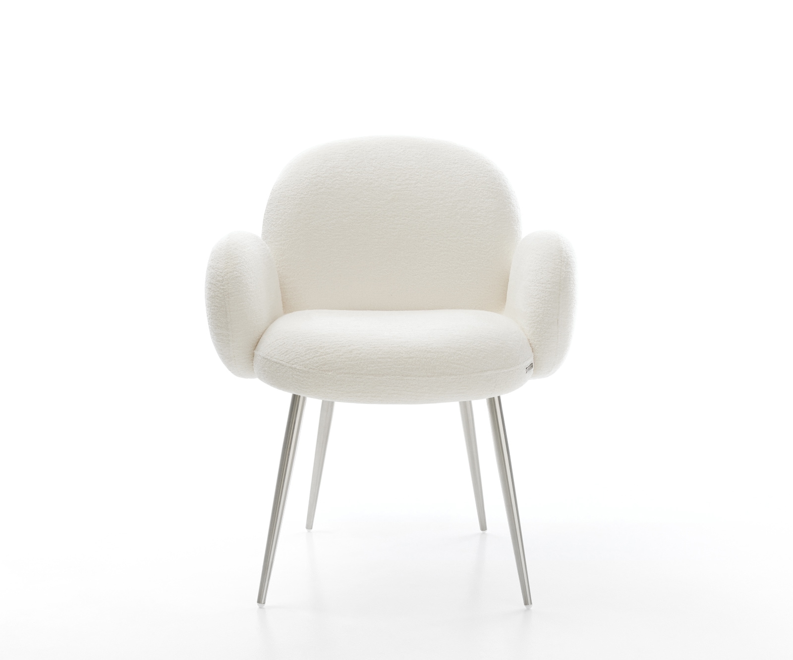 Esszimmerstuhl Nube-Flex mit Armlehnen Bouclé Soft Beige 4-Fuß konisch Edelstahl Taschenfederkern 1