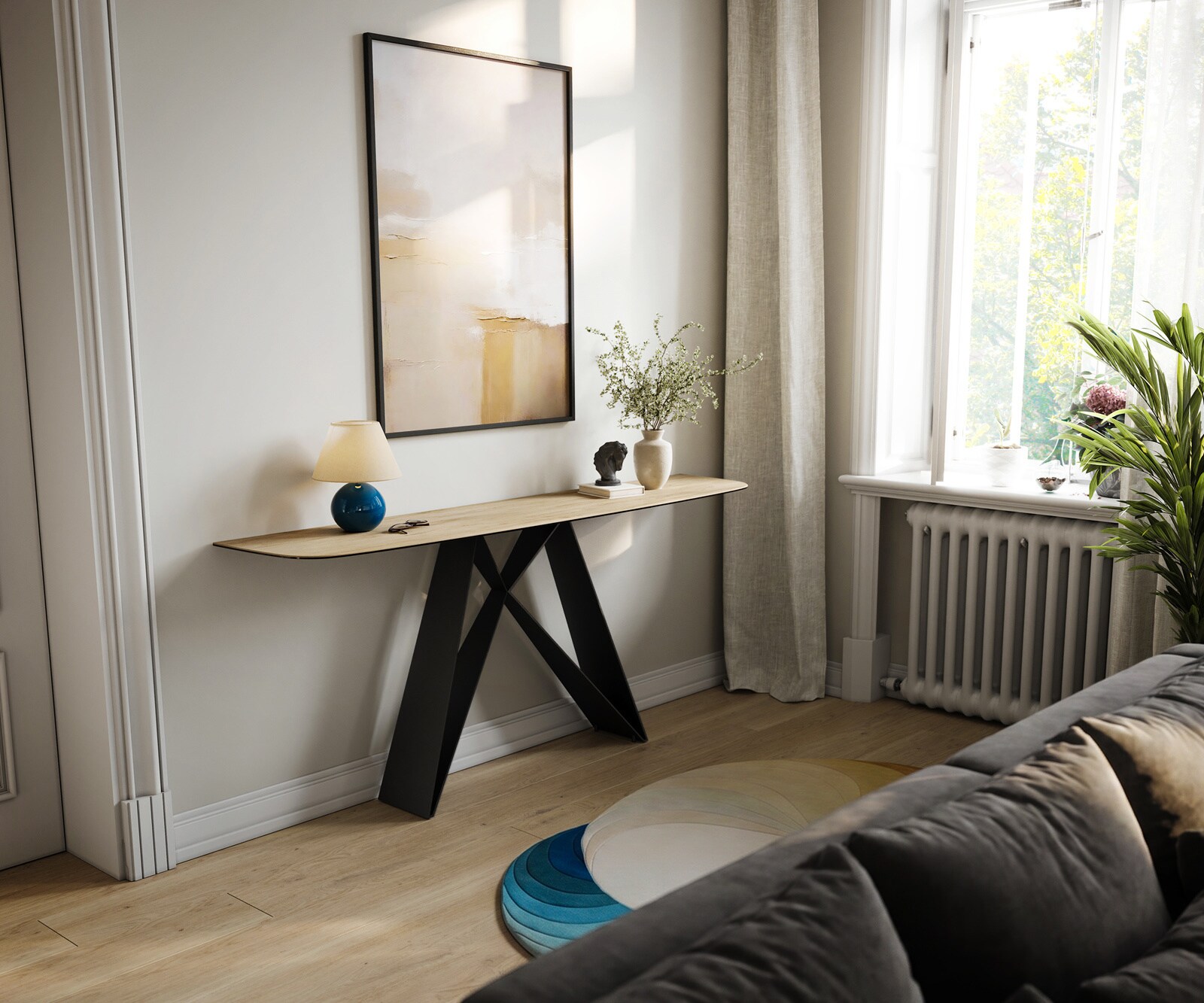 Konsolentisch Edge Boot 180x40 cm Keramik Laminam® Sabbia Eichefarbig Velio Metall Schwarz 6