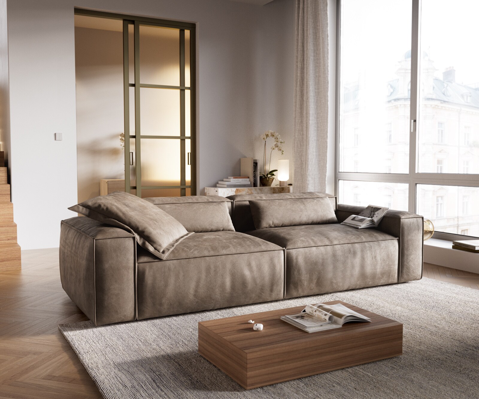 Big-Sofa Freestyle 280x110 cm Mikrofaser Taupe Vintage Kedernaht 1