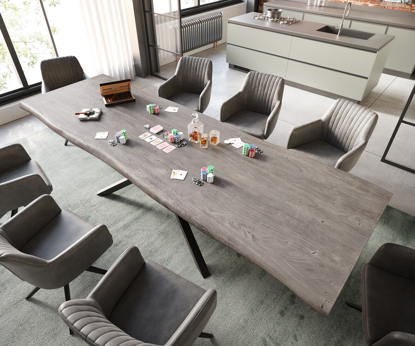 Esstisch Edge 300x100 XL Akazie Platin Kreuzgestell Rechteck Schwarz Live-Edge 1