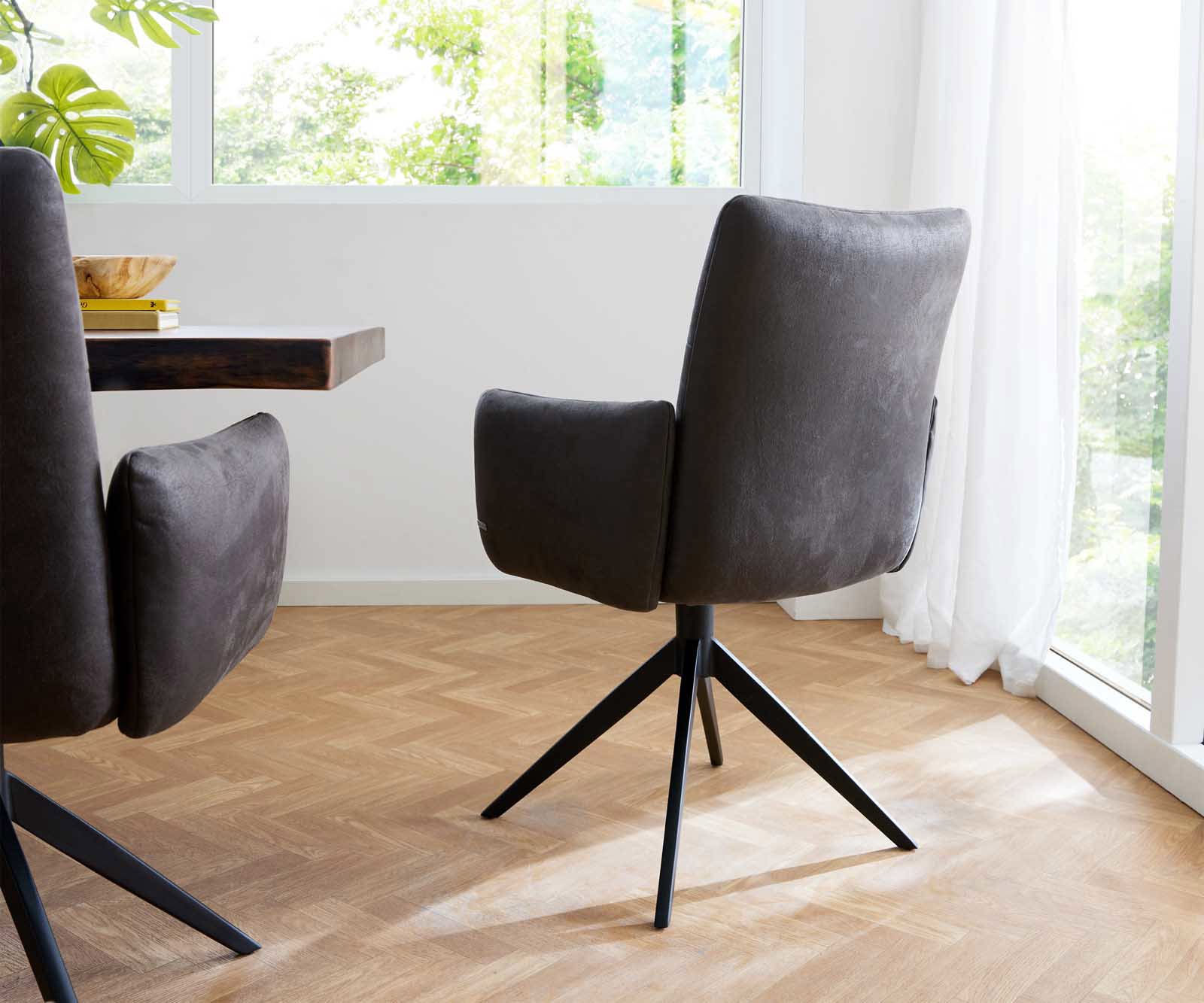 Drehstuhl Jova-Flex mit Armlehnen Mikrofaser Anthrazit Vintage Kreuzgestell breit Schwarz 360° drehbar Taschenfederkern 4
