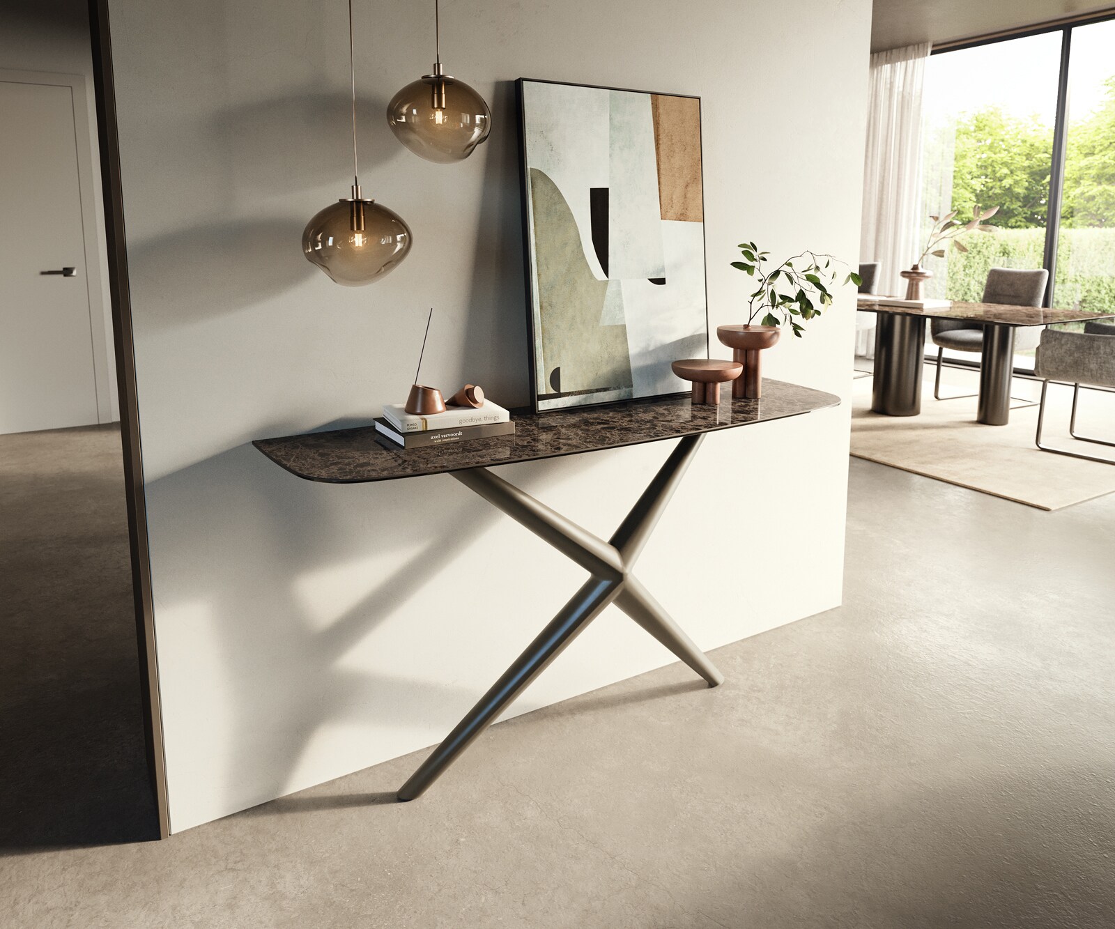 Konsolentisch Edge Boot 140x40 cm Keramik Emperador Extra Lucidato Dunkelbraun Estelo Metall Effektfinish Titan 3