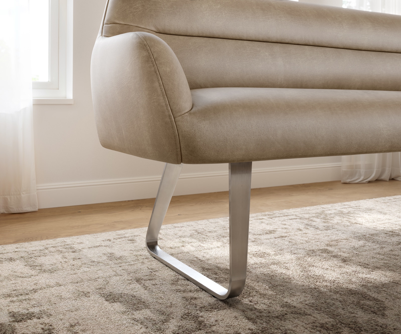 Esszimmerbank Taya-Flex 200 cm Mikrofaser Beige Vintage Kufengestell flach Edelstahl Taschenfederkern 4