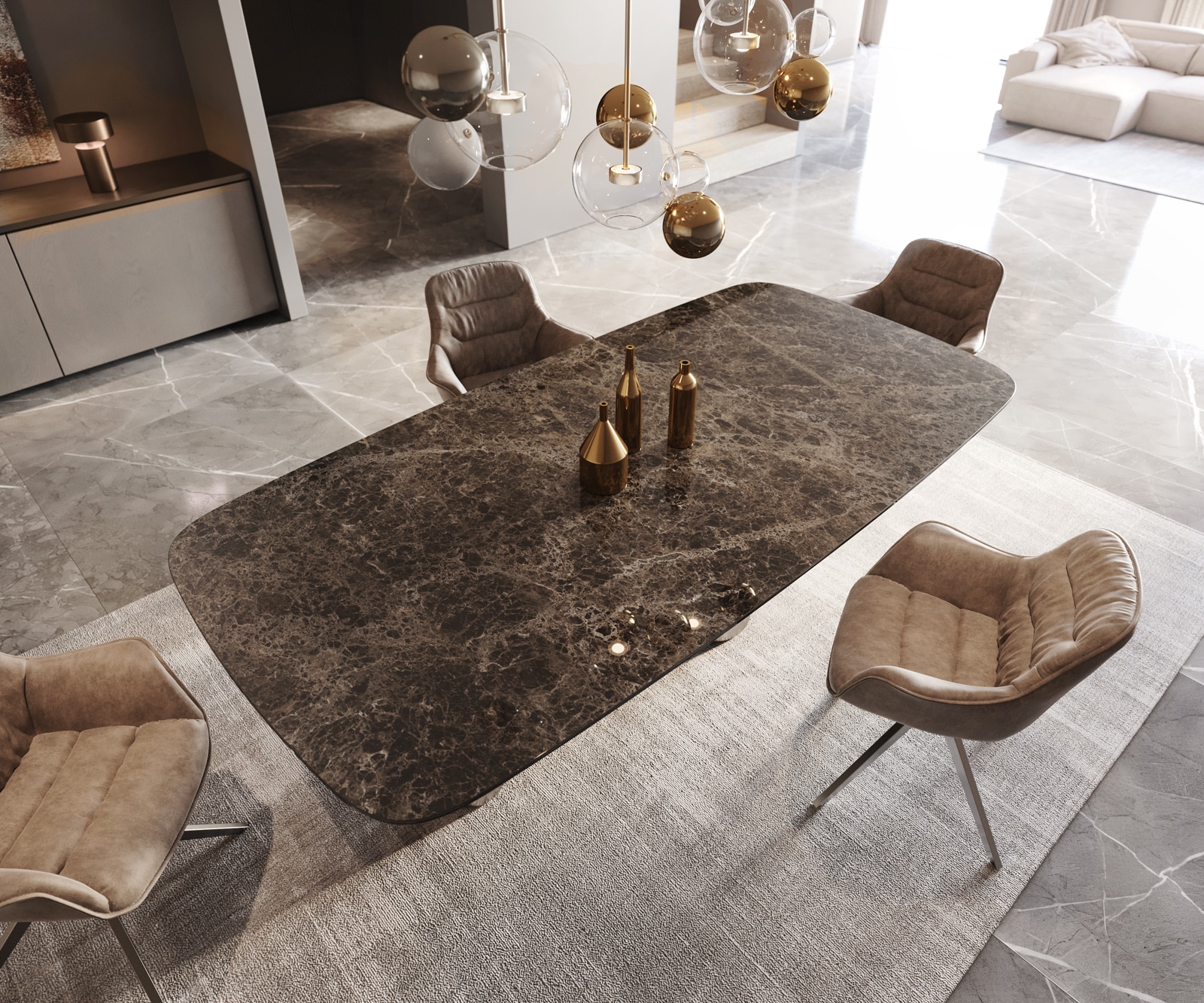 Esstisch Edge Boot 240x120 Keramik Laminam® Emperador Extra Lucidato Dunkelbraun Pilier Edelstahl Graphit 5