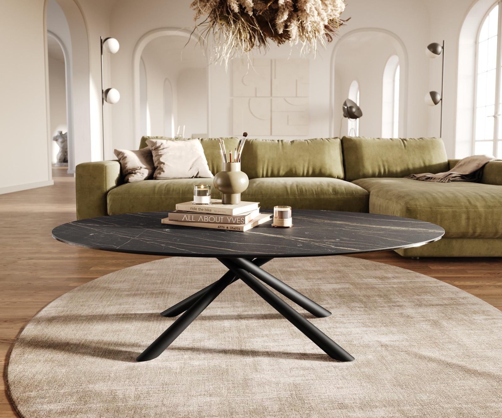 Couchtisch Edge Oval 140x80 cm Keramik Laminam® Noir Desir Braun Sarity Metall Schwarz 1