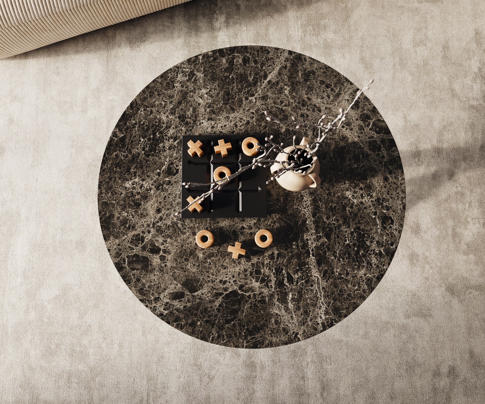 Couchtisch Edge Rund 90x90 cm Keramik Laminam® Emperador Extra Lucidato Dunkelbraun Sarity Edelstahl gebürstet 1