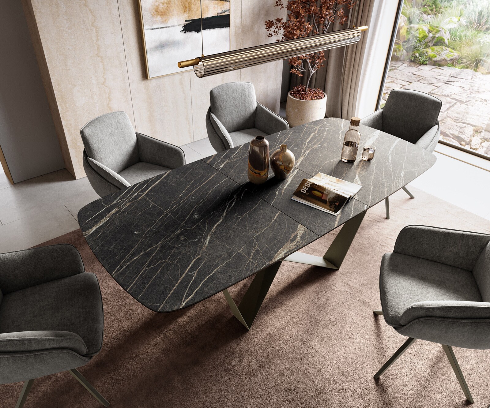 Esstisch Edge Boot 180-220x100 cm Laminam® Keramik Noir Desir Braun Spider Metall Effektfinish Titan ausziehbar 4