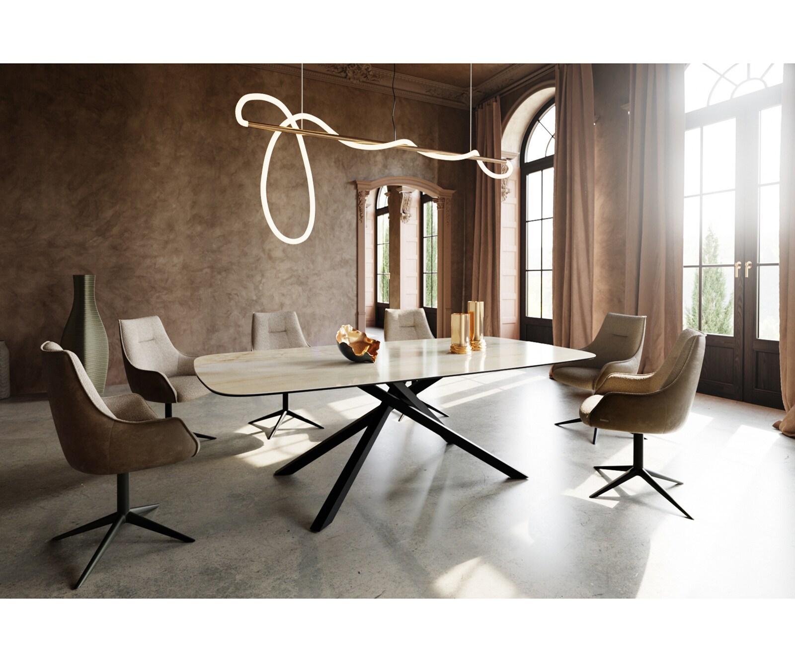 Esstisch Edge Boot 240x120 cm Keramik Iris FMG Onice Oro Kreuzgestell Rechteck Schwarz 6